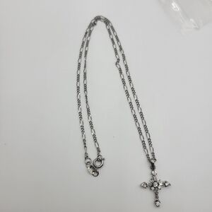 CZ Stones Encrusted Cross Pendant Heavy Patina Figaro Chain Necklace 18"